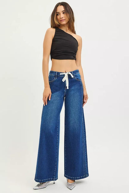 RISEN Full Size Mid Rise Wide Side Pintuck Jeans with Front Drawstring Plus Size - Bitsy Gypsy Boutique