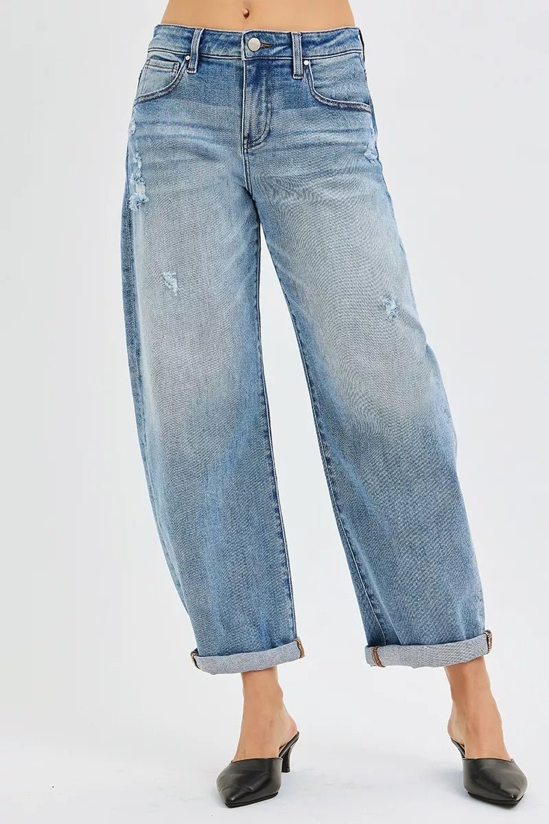 RISEN Full Size Slouchy Ankle Length Barrel Jeans with Cuffs Plus Size - Bitsy Gypsy Boutique