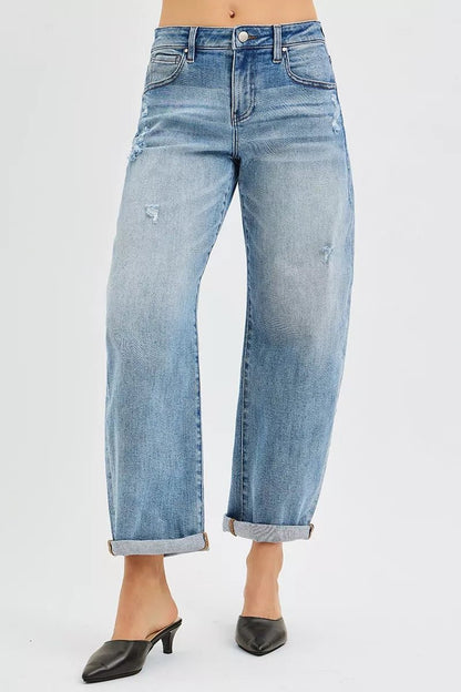 RISEN Full Size Slouchy Ankle Length Barrel Jeans with Cuffs Plus Size - Bitsy Gypsy Boutique
