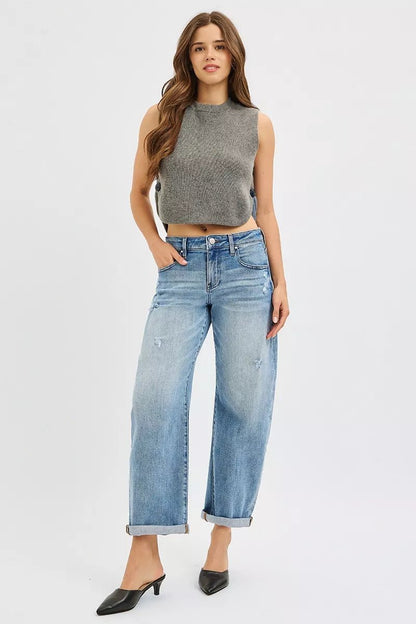 RISEN Full Size Slouchy Ankle Length Barrel Jeans with Cuffs Plus Size - Bitsy Gypsy Boutique
