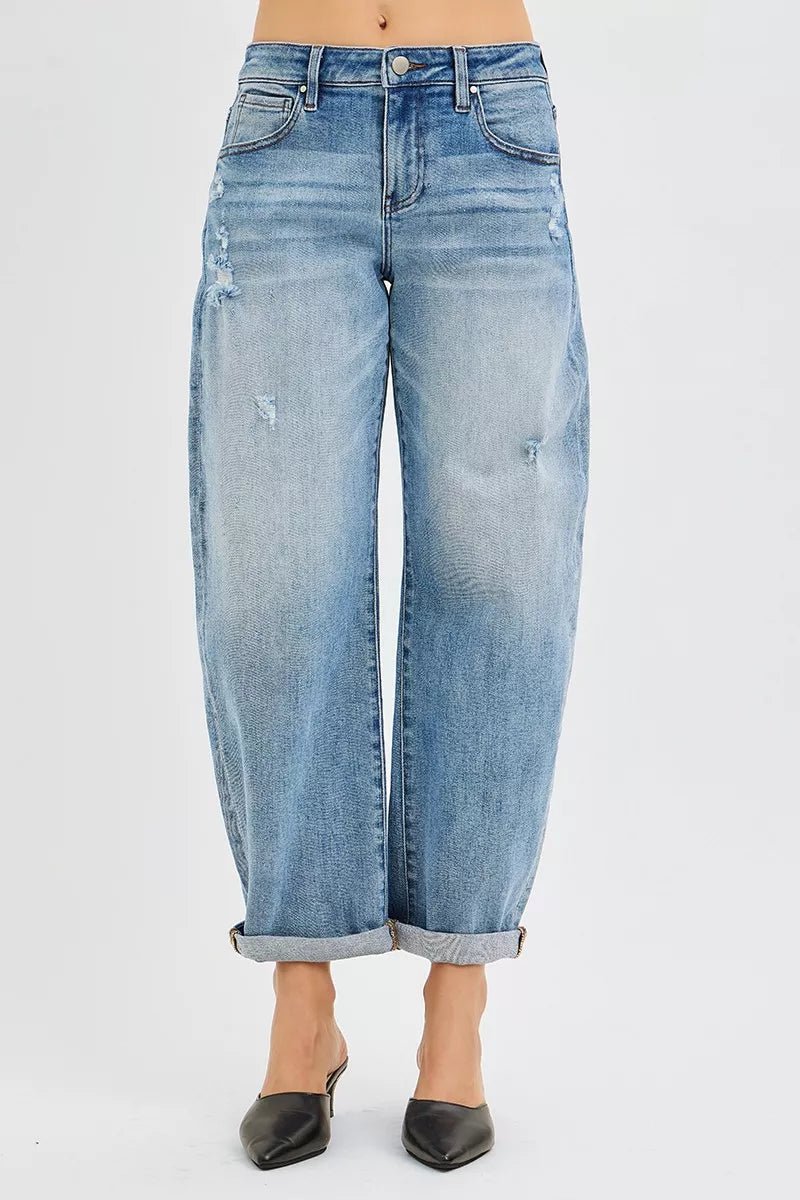 RISEN Full Size Slouchy Ankle Length Barrel Jeans with Cuffs Plus Size - Bitsy Gypsy Boutique