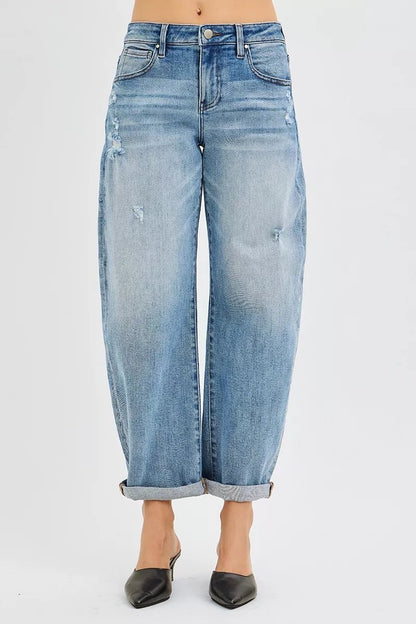 RISEN Full Size Slouchy Ankle Length Barrel Jeans with Cuffs Plus Size - Bitsy Gypsy Boutique