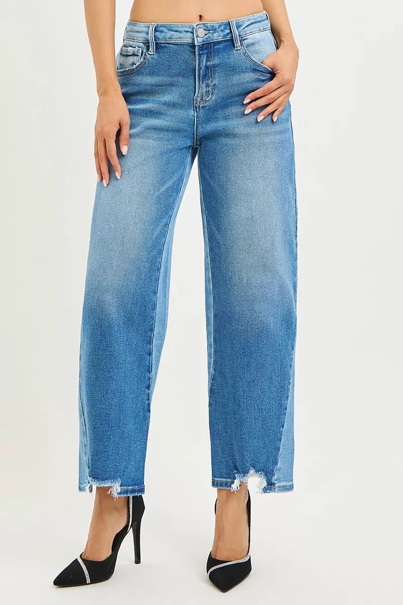RISEN Full Size Slouchy Cropped Barrel Jeans with Contrast Wash Plus Size - Bitsy Gypsy Boutique