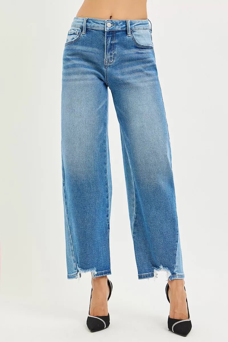 RISEN Full Size Slouchy Cropped Barrel Jeans with Contrast Wash Plus Size - Bitsy Gypsy Boutique