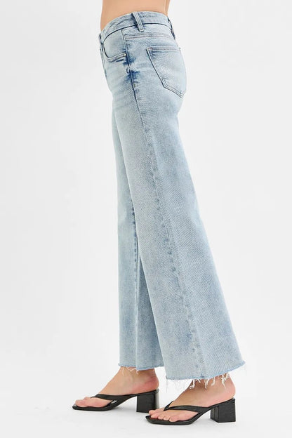 RISEN Full Size Tummy Control Low Rise Wide Leg Raw Cut Hem Jeans Plus Size - Bitsy Gypsy Boutique