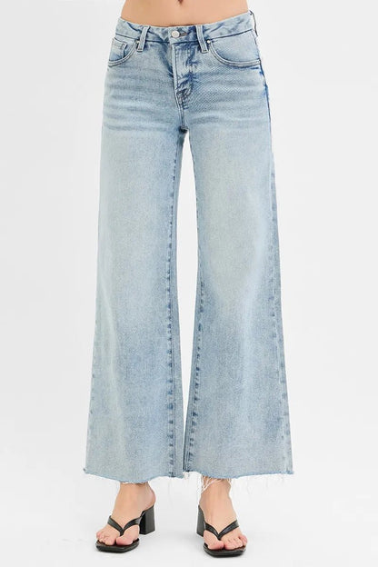 RISEN Full Size Tummy Control Low Rise Wide Leg Raw Cut Hem Jeans Plus Size - Bitsy Gypsy Boutique