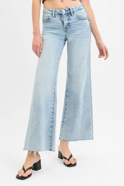 RISEN Full Size Tummy Control Low Rise Wide Leg Raw Cut Hem Jeans Plus Size - Bitsy Gypsy Boutique