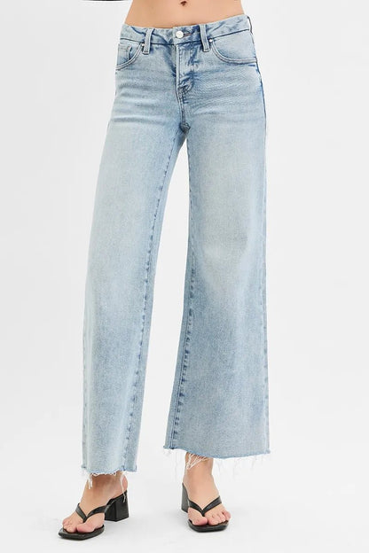 RISEN Full Size Tummy Control Low Rise Wide Leg Raw Cut Hem Jeans Plus Size - Bitsy Gypsy Boutique