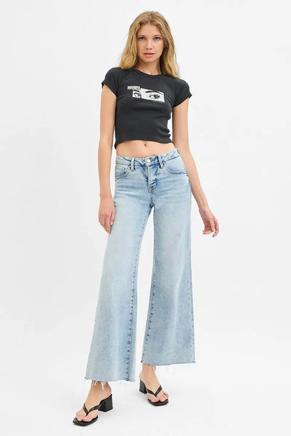 RISEN Full Size Tummy Control Low Rise Wide Leg Raw Cut Hem Jeans Plus Size - Bitsy Gypsy Boutique