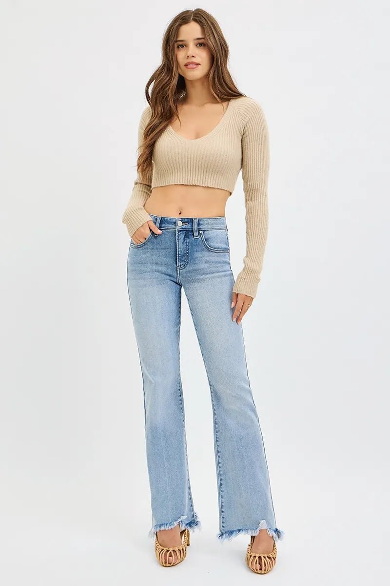RISEN Full Size Tummy Control Mid Rise Flare Jeans with Fray Hem Detailed Plus Size - Bitsy Gypsy Boutique
