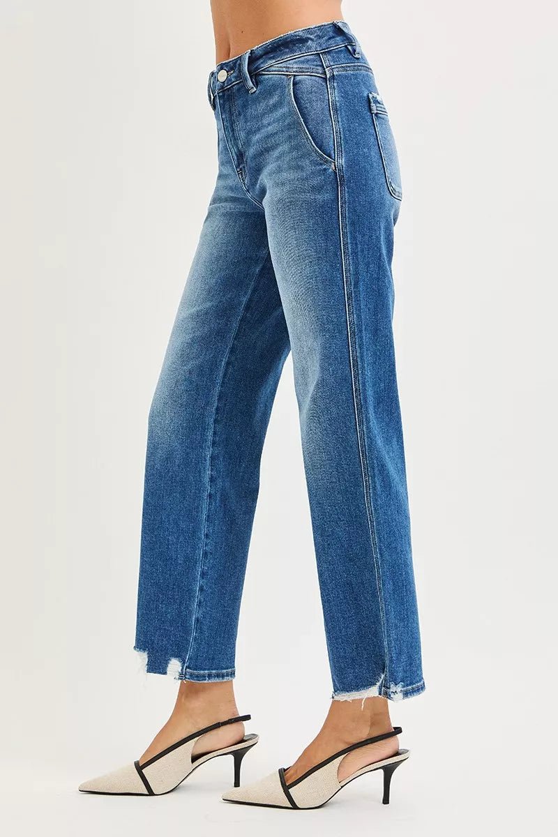 RISEN High Rise Ankle Straight Distressed Hem Detail Jeans - Bitsy Gypsy Boutique