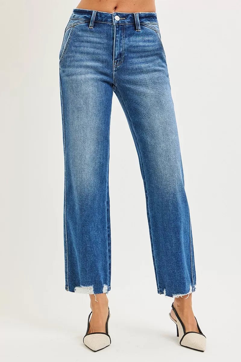 RISEN High Rise Ankle Straight Distressed Hem Detail Jeans - Bitsy Gypsy Boutique