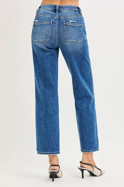 RISEN High Rise Ankle Straight Distressed Hem Detail Jeans - Bitsy Gypsy Boutique