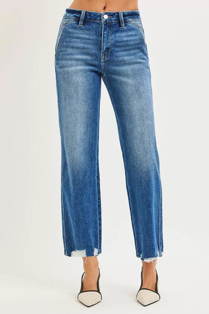 RISEN High Rise Ankle Straight Distressed Hem Detail Jeans - Bitsy Gypsy Boutique