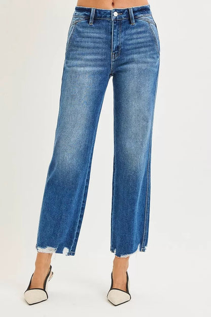RISEN High Rise Ankle Straight Distressed Hem Detail Jeans - Bitsy Gypsy Boutique