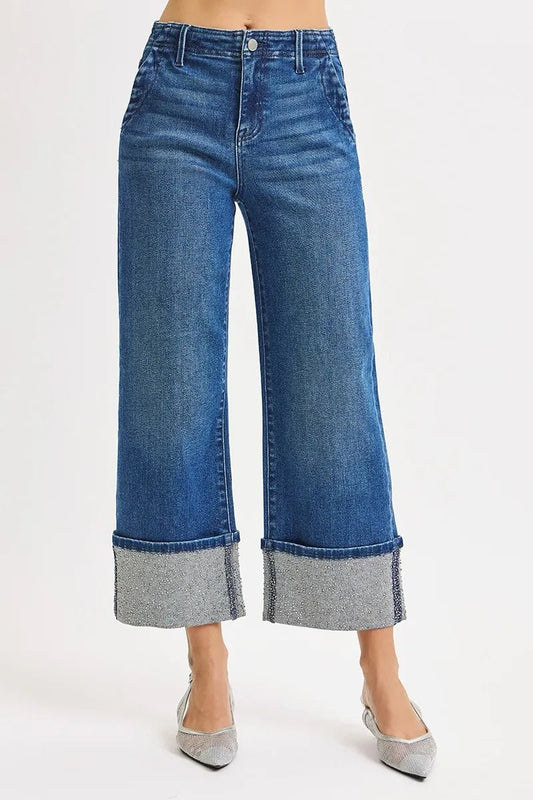 RISEN High Rise Ankle Wide Rhine Stone Cuffed Jeans - Bitsy Gypsy Boutique