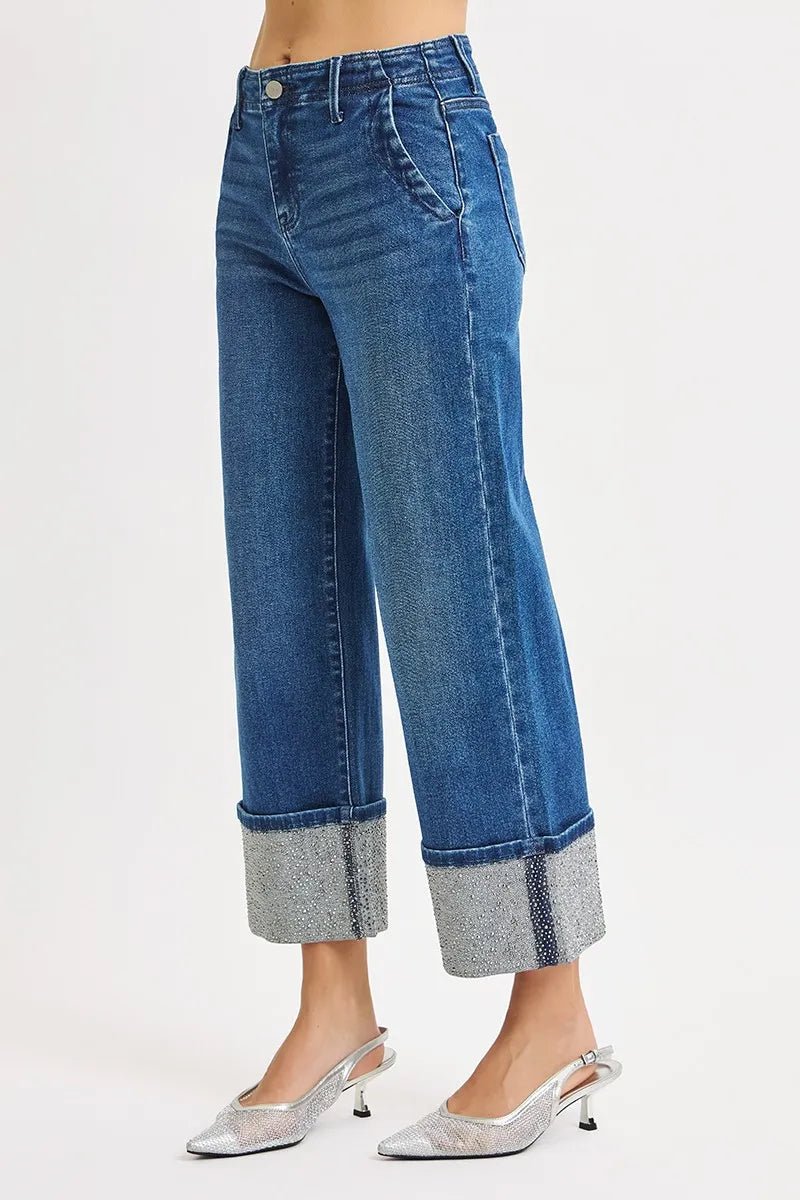 RISEN High Rise Ankle Wide Rhine Stone Cuffed Jeans - Bitsy Gypsy Boutique