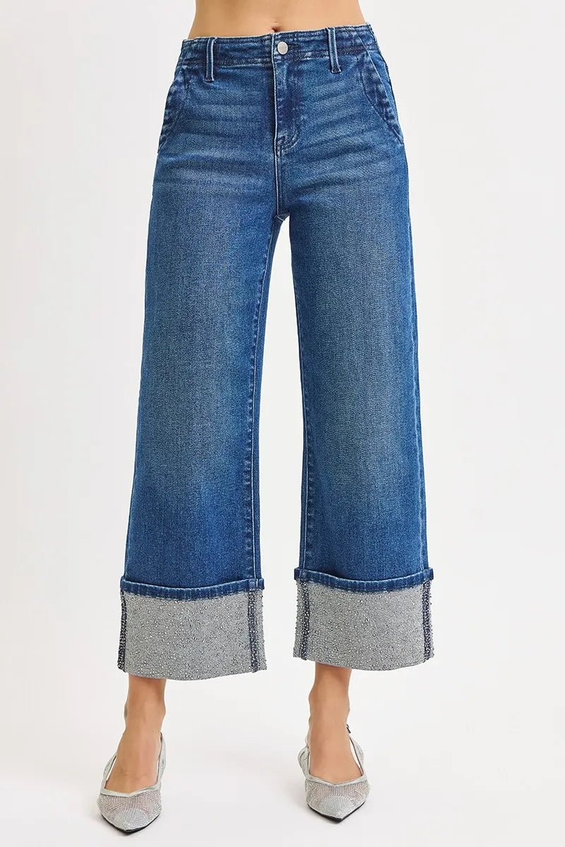 RISEN High Rise Ankle Wide Rhine Stone Cuffed Jeans - Bitsy Gypsy Boutique
