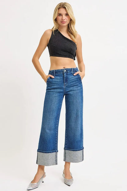 RISEN High Rise Ankle Wide Rhine Stone Cuffed Jeans - Bitsy Gypsy Boutique