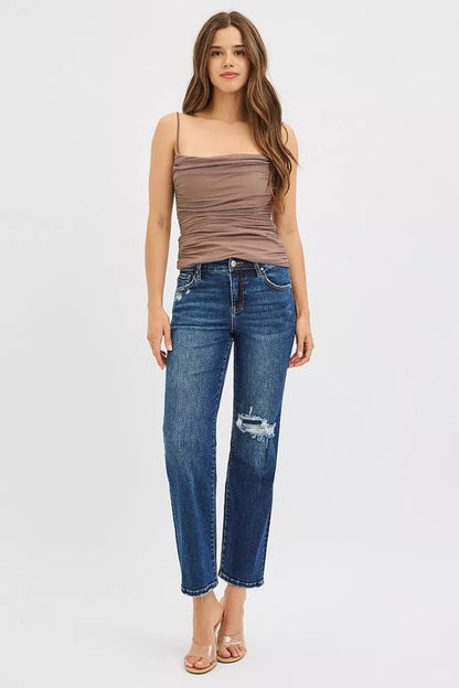 RISEN High Rise Crop Slim Straight Jenas with Hidden Knee Patch - Bitsy Gypsy Boutique