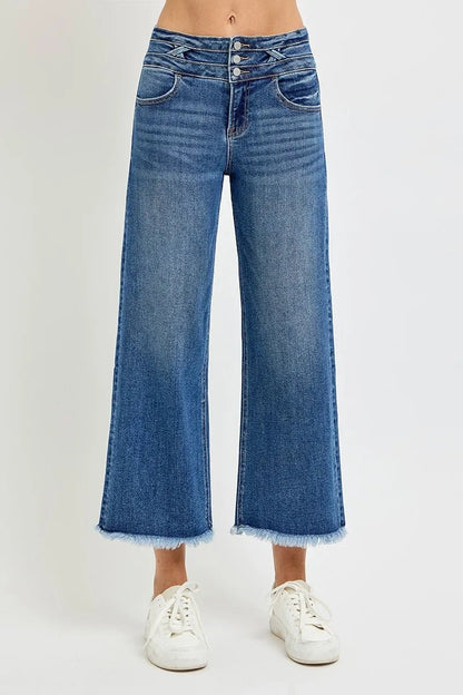 RISEN High Rise Crop Wide Leg Jeans with Wide Band Detail - Bitsy Gypsy Boutique