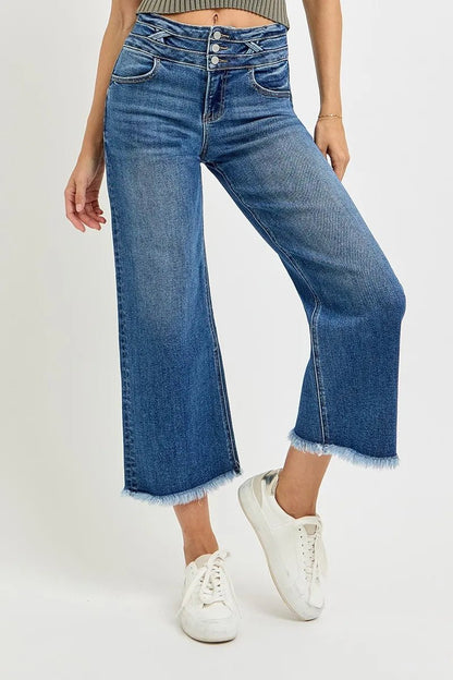 RISEN High Rise Crop Wide Leg Jeans with Wide Band Detail - Bitsy Gypsy Boutique