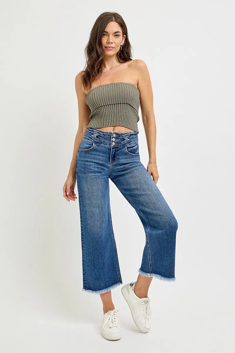 RISEN High Rise Crop Wide Leg Jeans with Wide Band Detail - Bitsy Gypsy Boutique