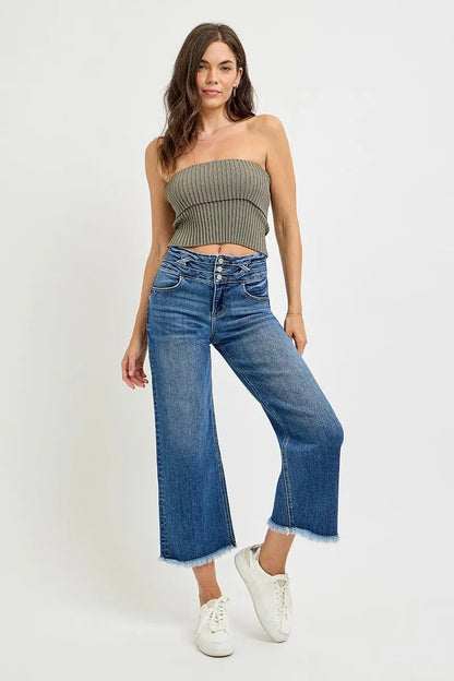 RISEN High Rise Crop Wide Leg Jeans with Wide Band Detail - Bitsy Gypsy Boutique