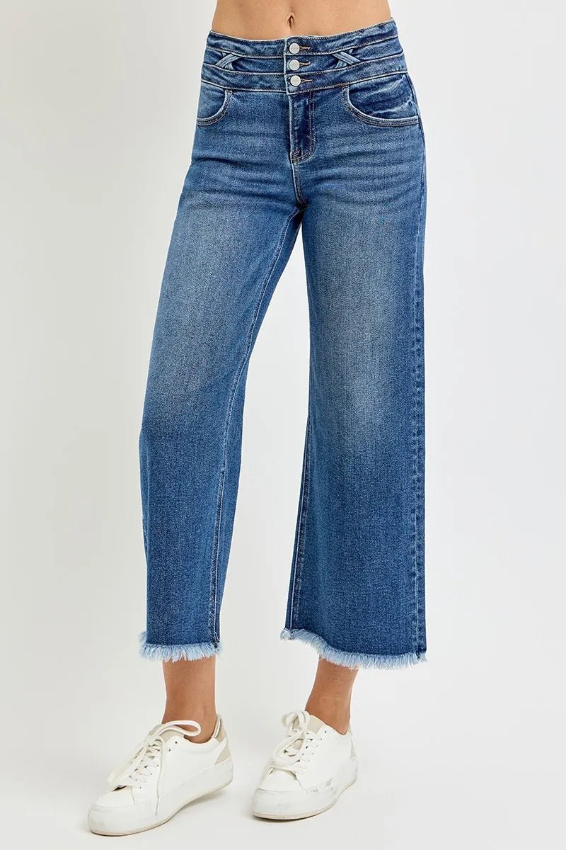 RISEN High Rise Crop Wide Leg Jeans with Wide Band Detail - Bitsy Gypsy Boutique