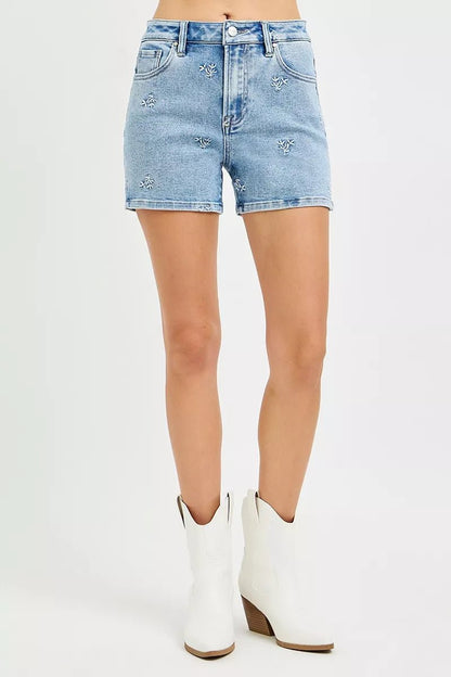 RISEN High Rise Denim Shorts with Embroidered Detail - Bitsy Gypsy Boutique