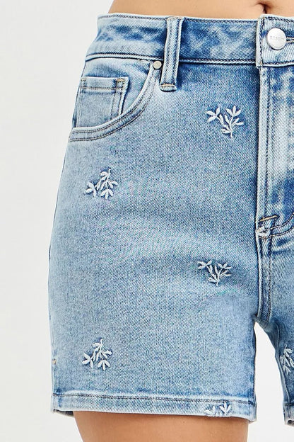 RISEN High Rise Denim Shorts with Embroidered Detail - Bitsy Gypsy Boutique