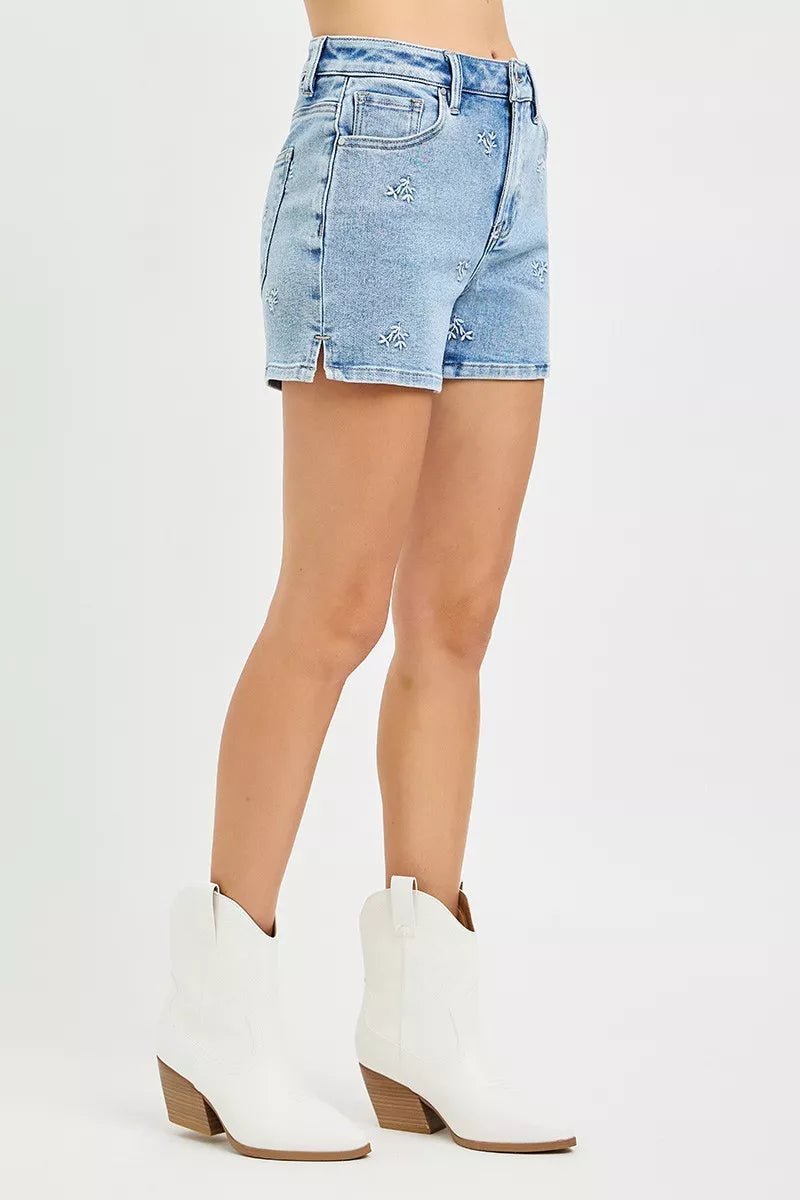RISEN High Rise Denim Shorts with Embroidered Detail - Bitsy Gypsy Boutique