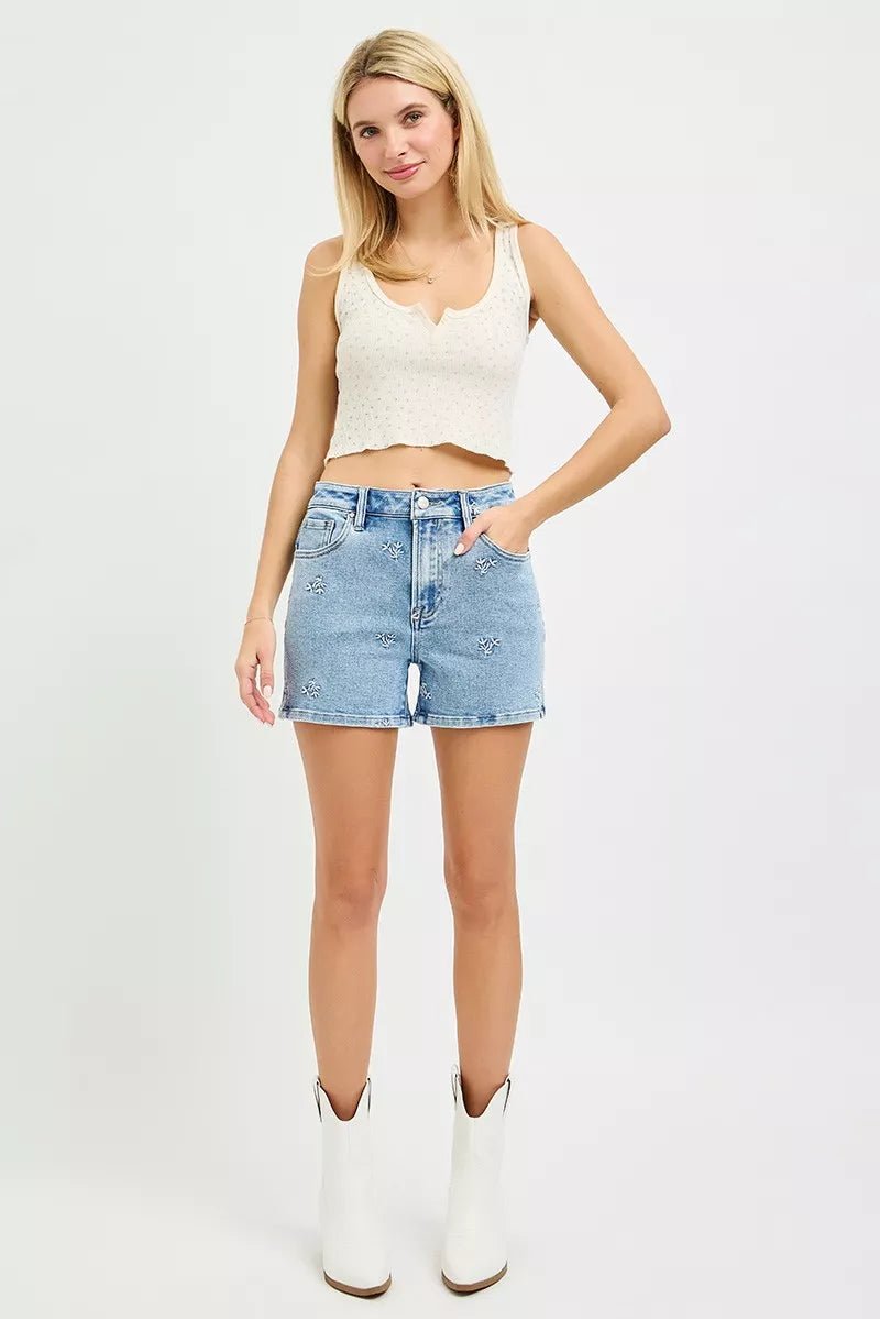RISEN High Rise Denim Shorts with Embroidered Detail - Bitsy Gypsy Boutique