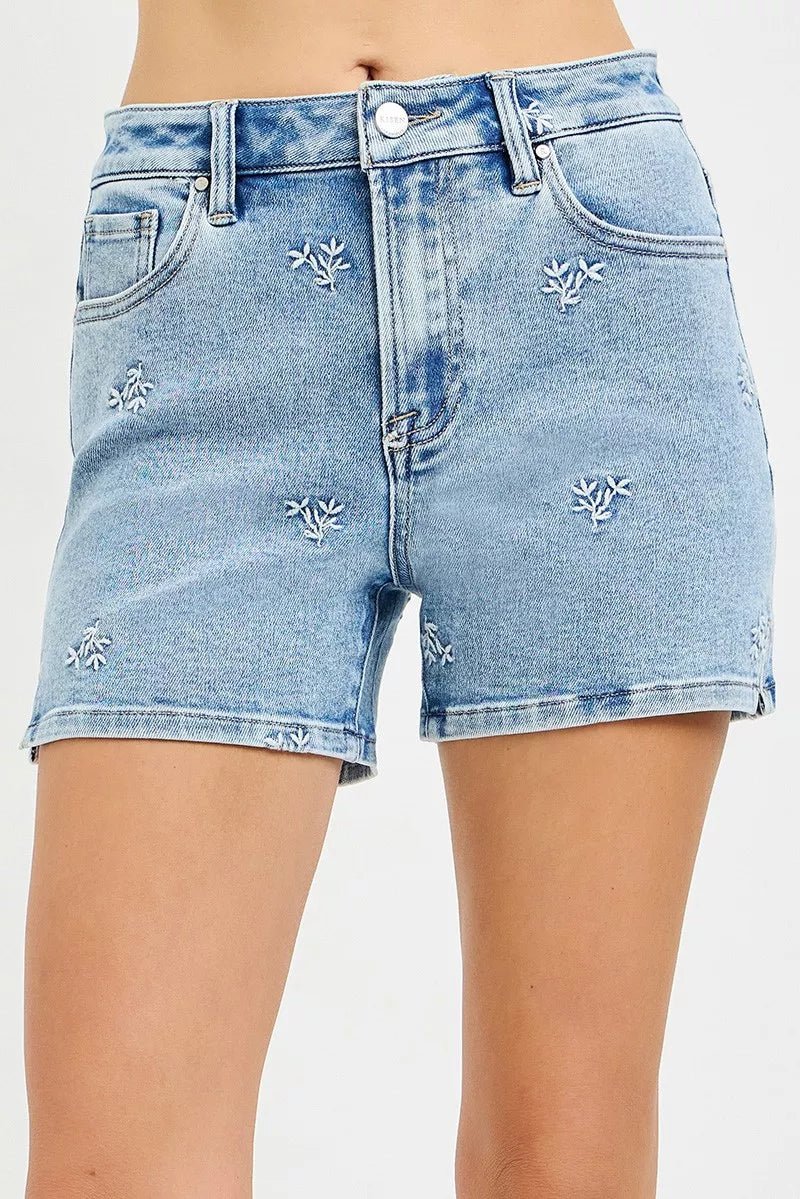 RISEN High Rise Denim Shorts with Embroidered Detail - Bitsy Gypsy Boutique
