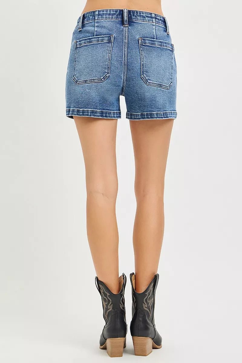 RISEN High Rise Front Tie Up Shorts with Patch Pockets - Bitsy Gypsy Boutique