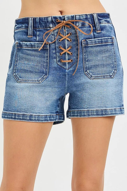 RISEN High Rise Front Tie Up Shorts with Patch Pockets - Bitsy Gypsy Boutique