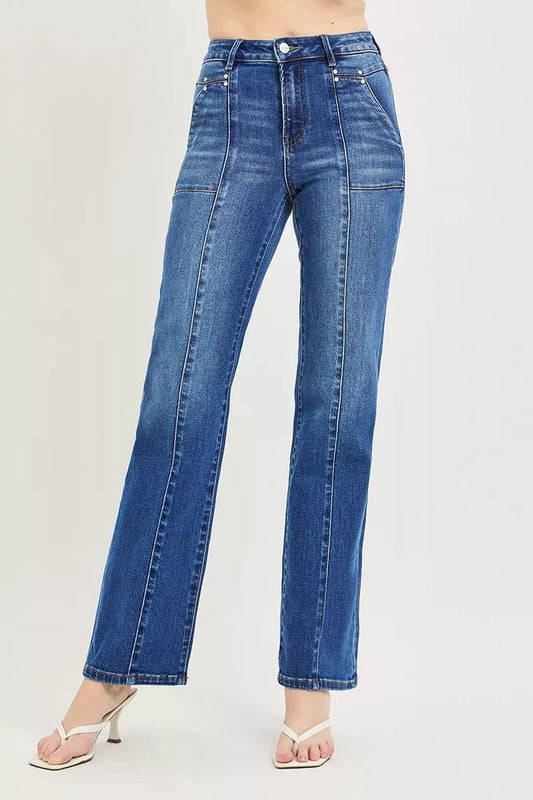 RISEN High Rise Straight Patch Pocket Seamed Jeans - Bitsy Gypsy Boutique