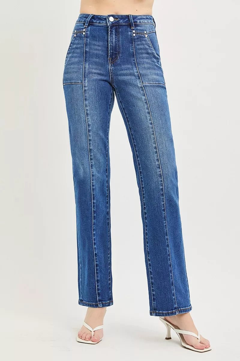 RISEN High Rise Straight Patch Pocket Seamed Jeans - Bitsy Gypsy Boutique