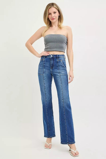 RISEN High Rise Straight Patch Pocket Seamed Jeans - Bitsy Gypsy Boutique