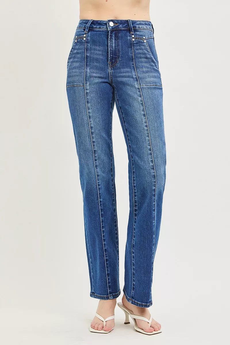 RISEN High Rise Straight Patch Pocket Seamed Jeans - Bitsy Gypsy Boutique