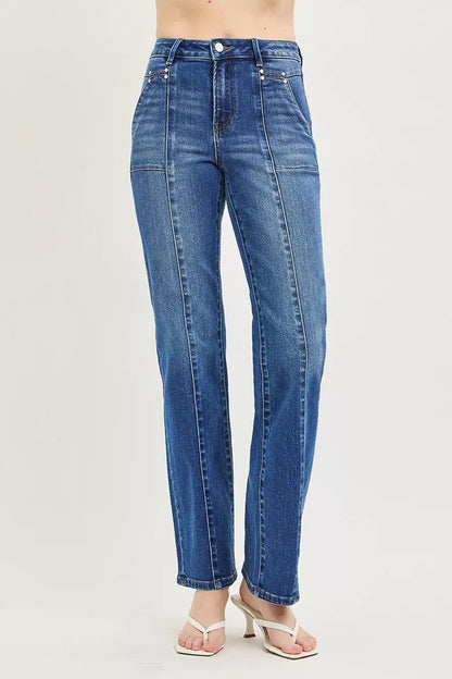 RISEN High Rise Straight Patch Pocket Seamed Jeans - Bitsy Gypsy Boutique