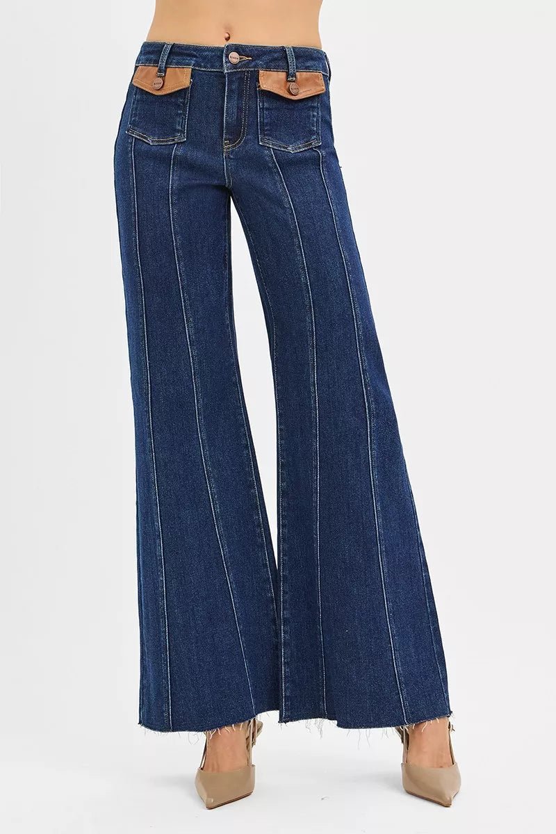 RISEN High Rise Wide Flare Jeans with Front Leather Pocket Detail - Bitsy Gypsy Boutique