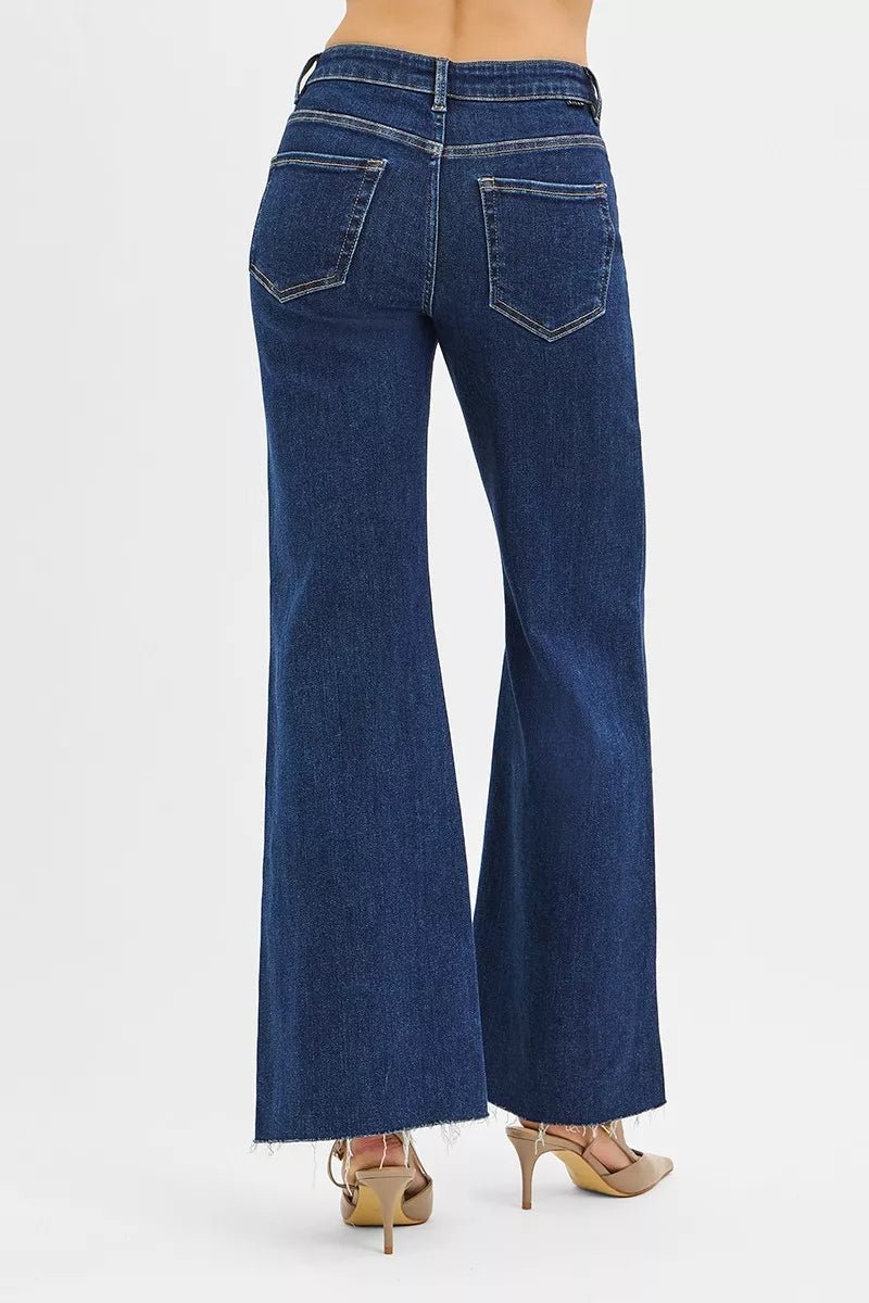 RISEN High Rise Wide Flare Jeans with Front Leather Pocket Detail - Bitsy Gypsy Boutique