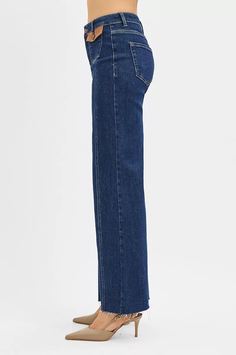 RISEN High Rise Wide Flare Jeans with Front Leather Pocket Detail - Bitsy Gypsy Boutique