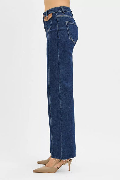 RISEN High Rise Wide Flare Jeans with Front Leather Pocket Detail - Bitsy Gypsy Boutique