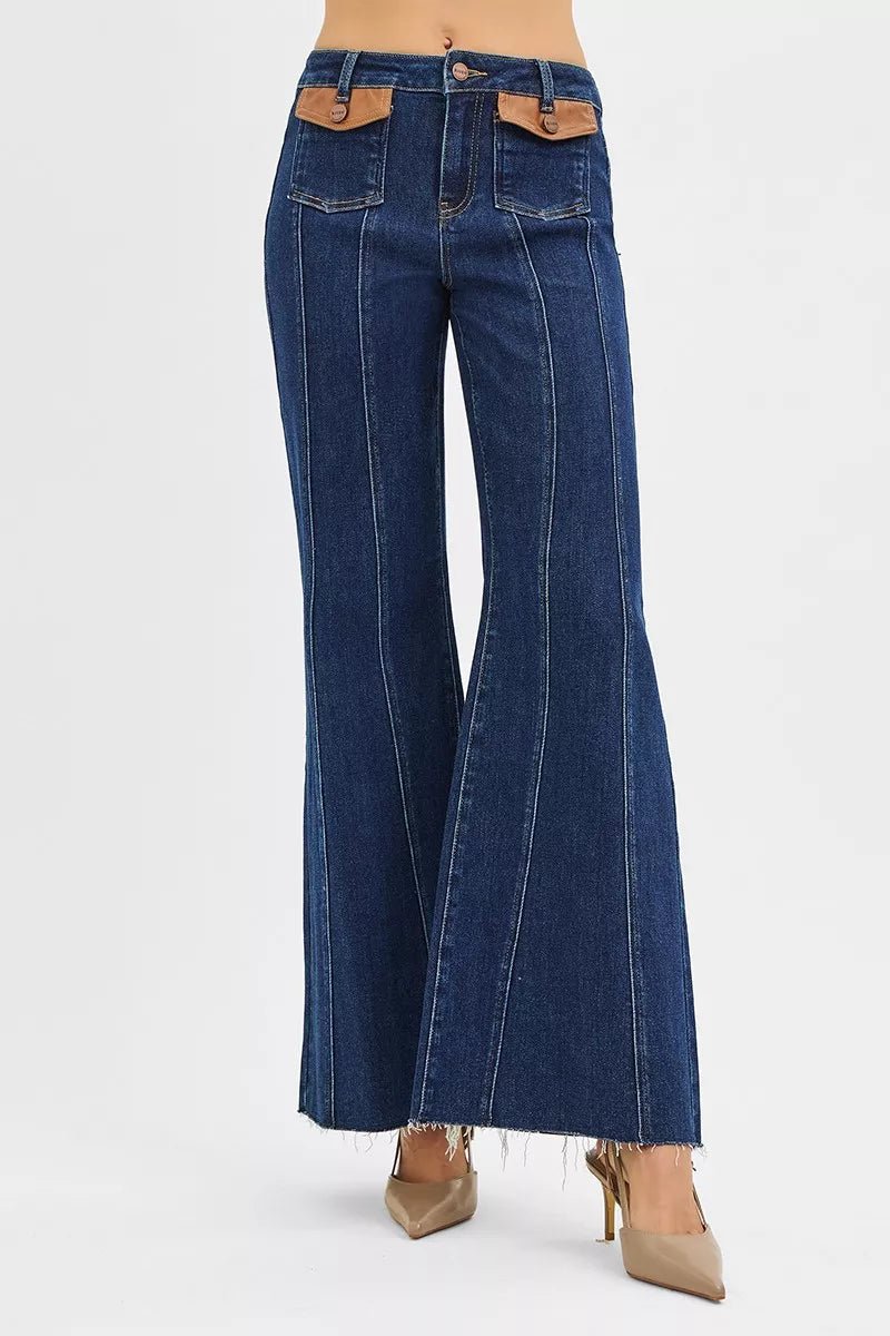 RISEN High Rise Wide Flare Jeans with Front Leather Pocket Detail - Bitsy Gypsy Boutique