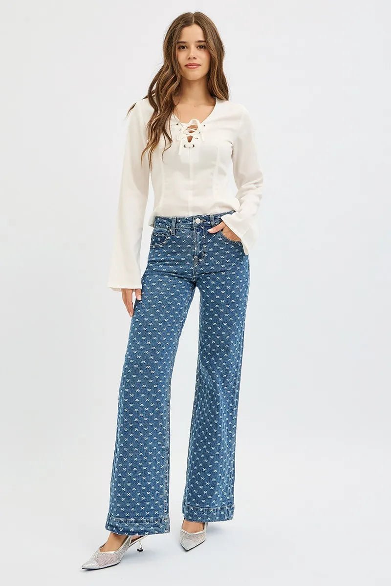 RISEN High Rise Wide Leg Bow Embroidered Jeans - Bitsy Gypsy Boutique