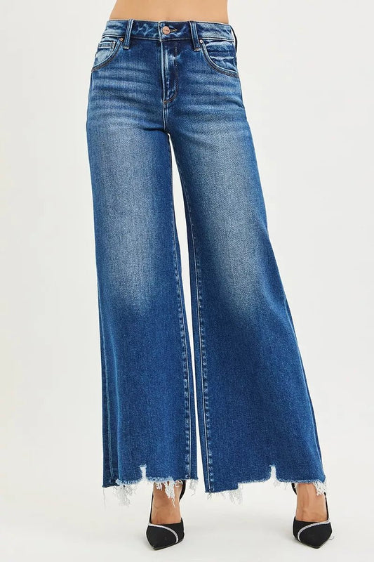 RISEN High Rise Wide Leg Jeans with Distressed Hem - Bitsy Gypsy Boutique