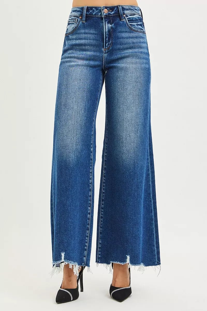 RISEN High Rise Wide Leg Jeans with Distressed Hem - Bitsy Gypsy Boutique