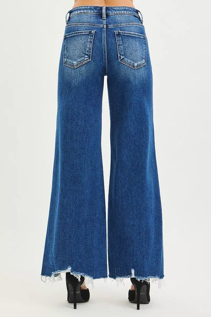 RISEN High Rise Wide Leg Jeans with Distressed Hem - Bitsy Gypsy Boutique